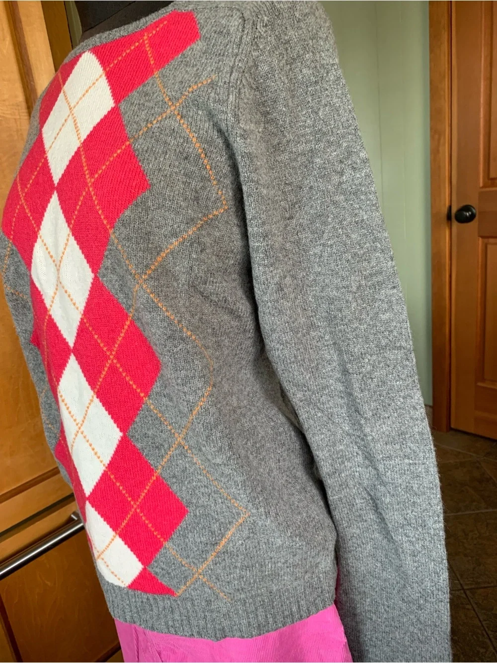 J CREW 100% LAMBS WOOL ARGYLE PULLOVER SWEATER NWT XL Women's Gray  Pink Diamond